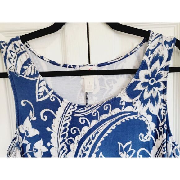 Chico’s 1 Blue/White Floral Paisley Sleeveless Stretch Tank Dress Medium 8/10 - Picture 5 of 7